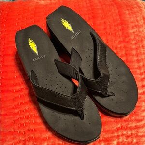 Volatile Black Leather Wedge Flip Flops